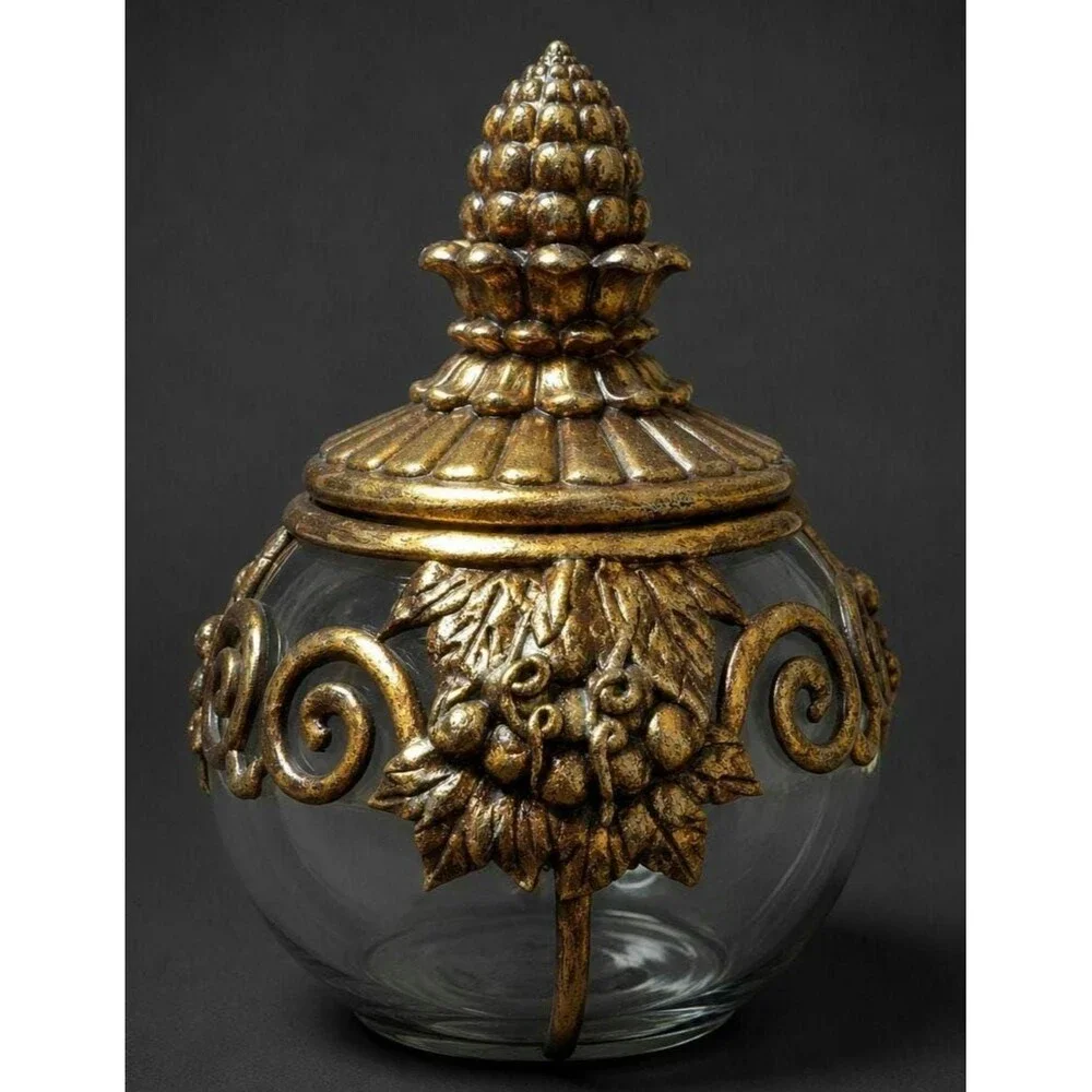 Ornate Gold Grapevine Glass Jar with Lid – Made in Philippines